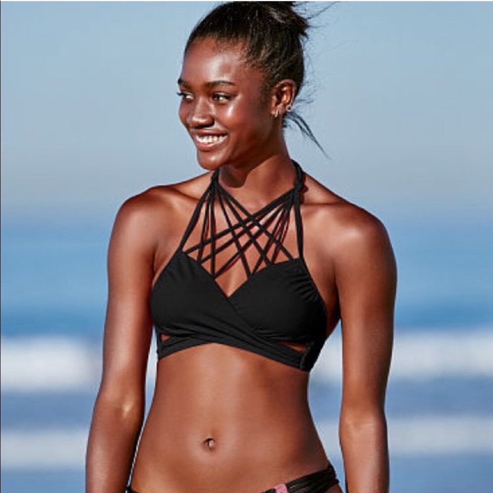 Black strappy front bikini top